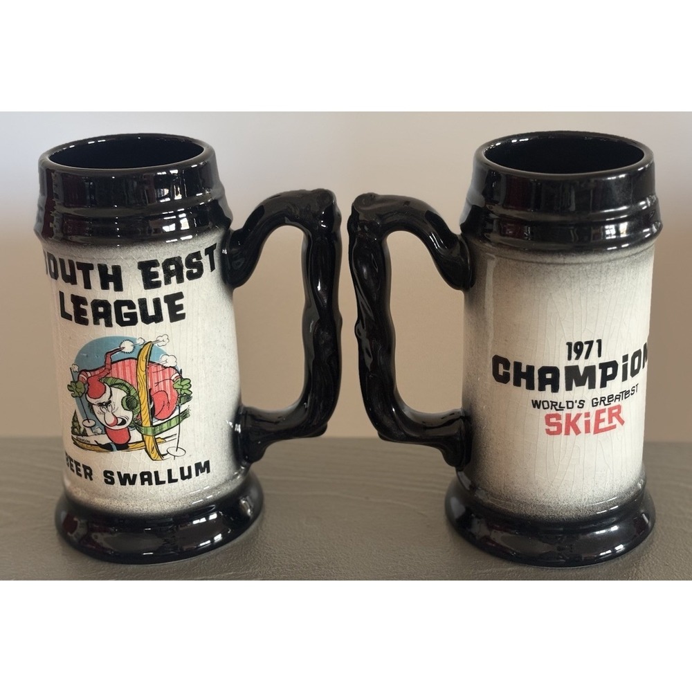 2 Vtg 1971 South East League Beer Swallum Champion World's Greatest Skier Mugs